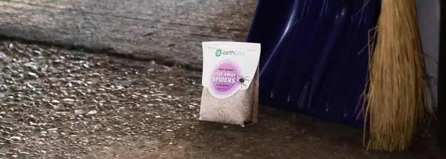 Stay Away Spider pouch sitting next to shovel and broom in a garage