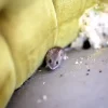 House mouse with droppings near nest on furniture